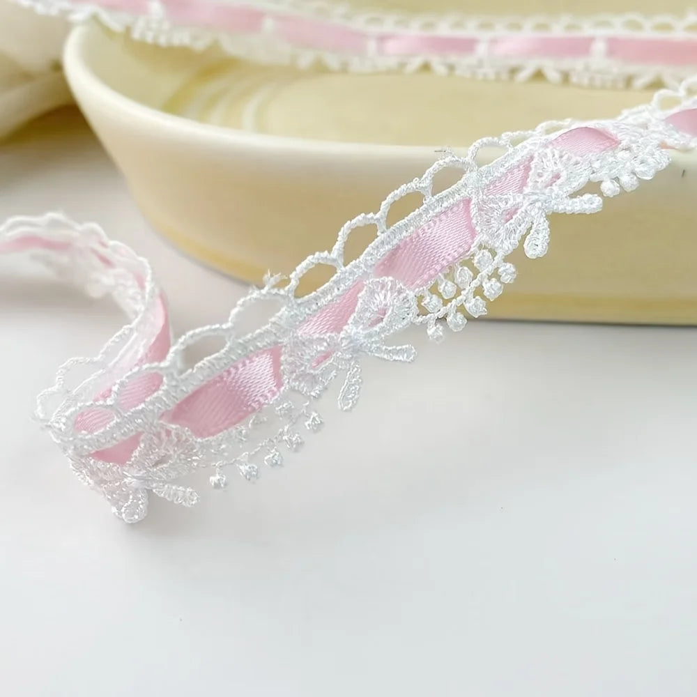 1 Yard X 1.8cm Pink & White Floral Bow Ribbon Lace Trim - Ideal for DIY Crafts,Sewing Edges & Decorative Accessories Oasis Select Pink 1Yard
