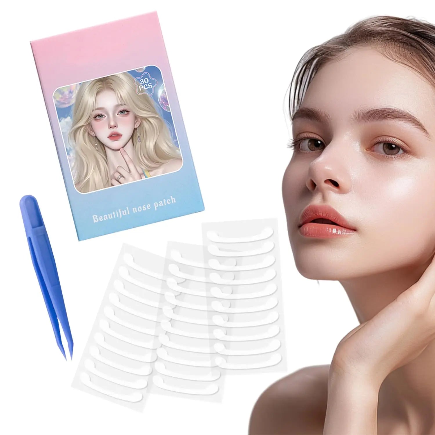 30pcs Invisible Nose Strips Nose Shrink Strips Shrink Small Nose Narrow Thin Nose,Breathable Nose Wing Stickers With Tweezers Oasis Select