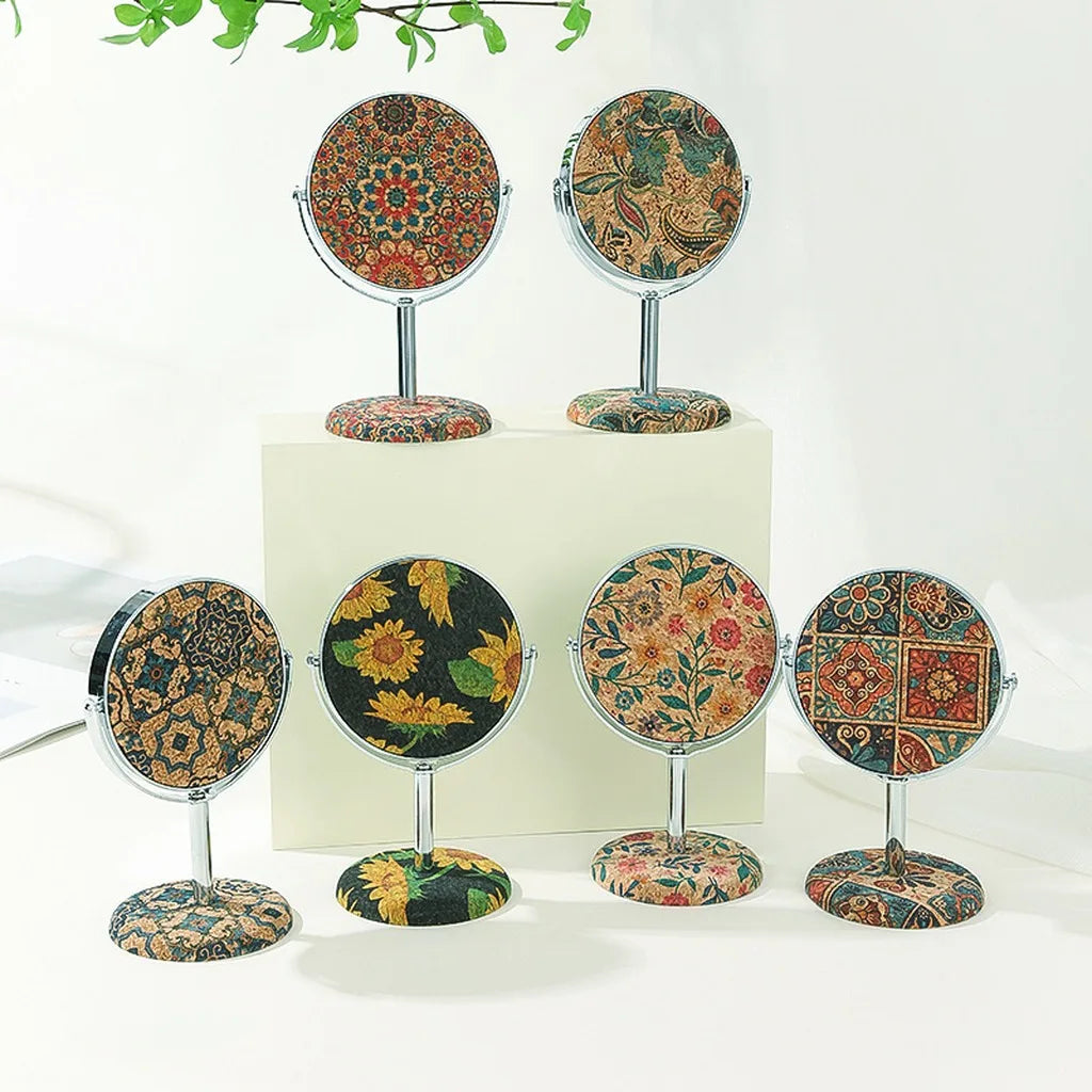 Retro Pattern Mirror Stable Round Metal Frame Mirror Foldable Cosmetic Mirror Decorative For Living Room Countertop Car Interior Oasis Select