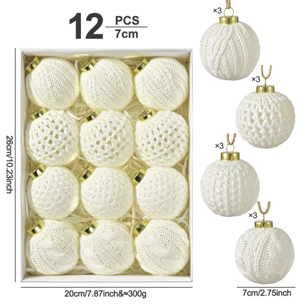 12-Piece White Knitted Yarn Christmas Ball Ornaments Set