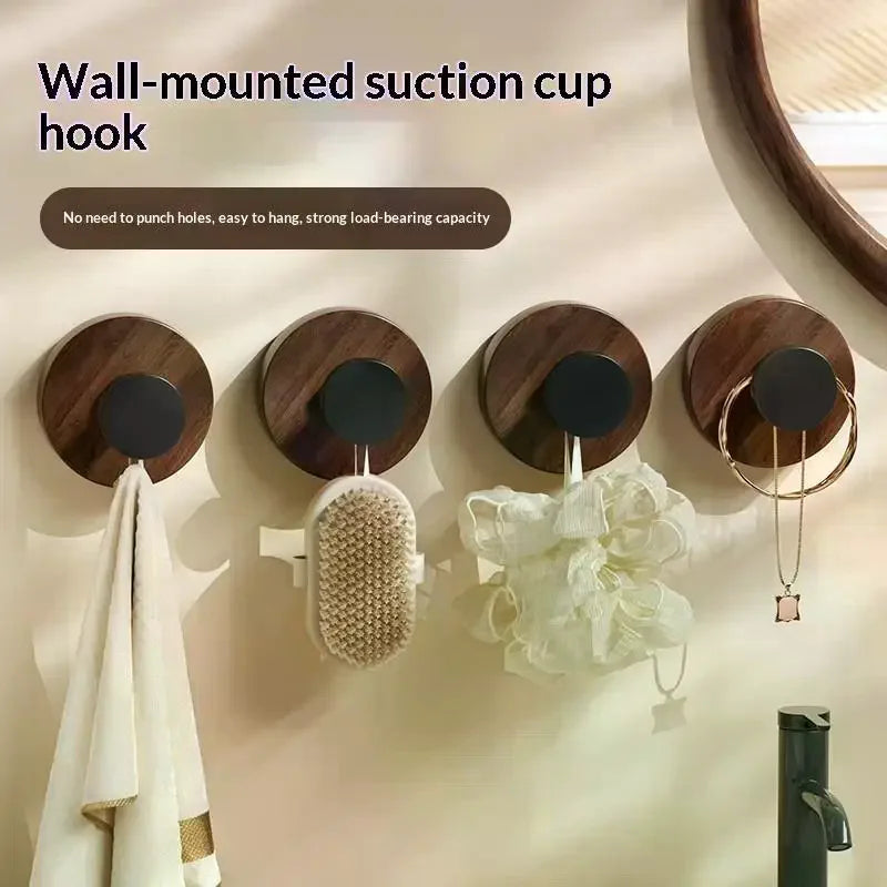 Wood Suction Cup Hook Walnut No-Drill Decor Hanger Heavy Duty Waterproof for Door Back Keys Towel Clothes Bathroom Oasis Select