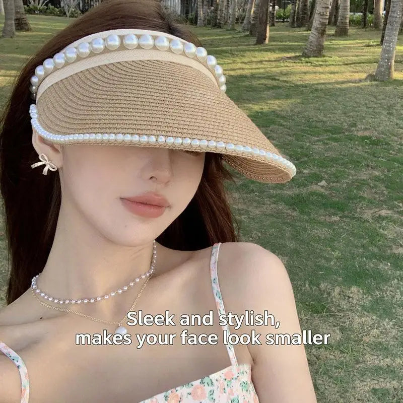 Summer Beach Straw Hat with Pearls for Women Wide Brim Open Crown Elegant Raffia Sun Protection Cap Holiday Essentials Oasis Select