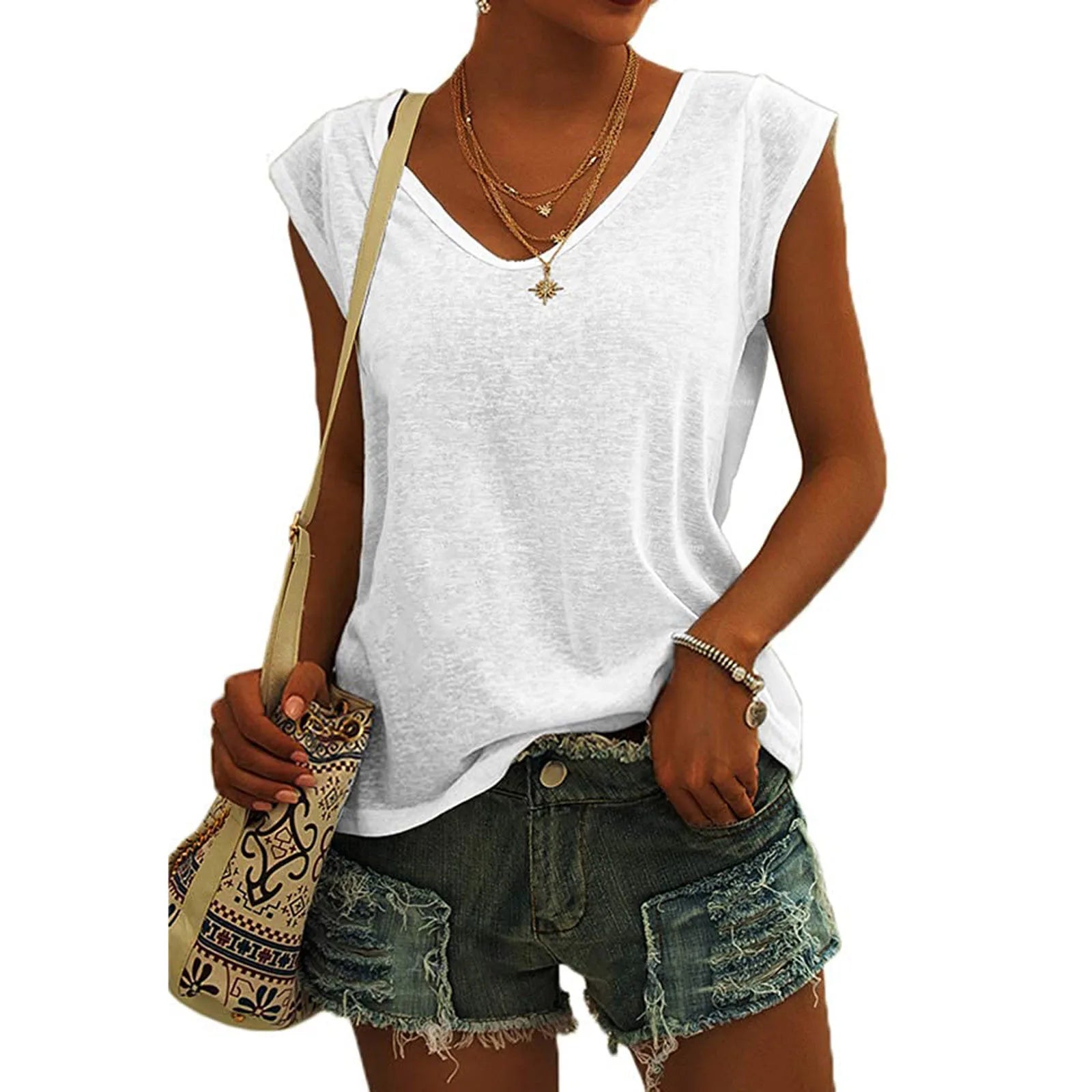 Summer Camisole Women'S V-Neck Vest Colored Cotton Solid Color T-Shirt Casual Sleeveless Vest Loose Top Fitted Vest Women'S Clot Oasis Select White XL