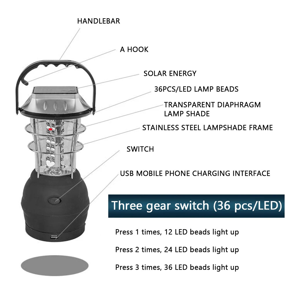 Solar Hand Crank Camping Lantern | 3 Modes, Waterproof, Emergency
