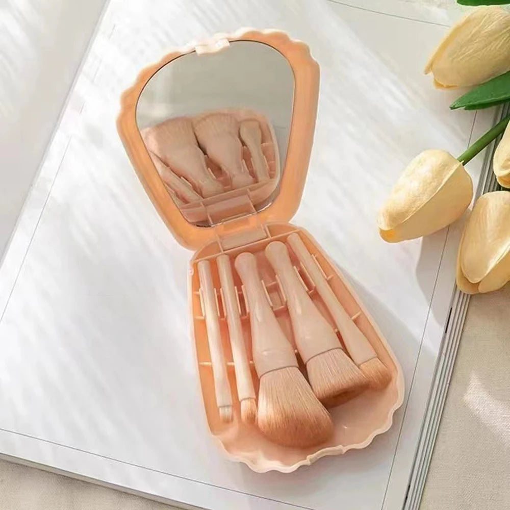 Mini Makeup Brush Set with Mirror Portable Makeup Brush Set, Shell Portable Travel Makeup Brush Set 5 Sizes Brush Mini Complete Oasis Select colour of skin