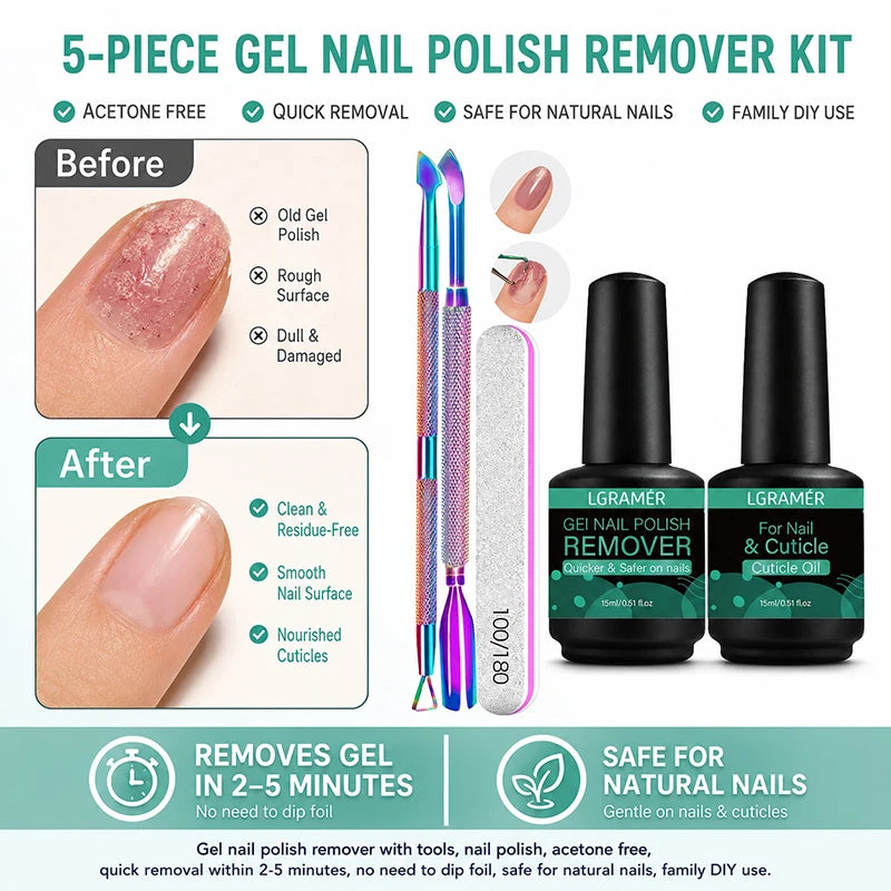 Gel Nail Polish Remover & Cuticle Care Set – 5-Piece DIY Kit
