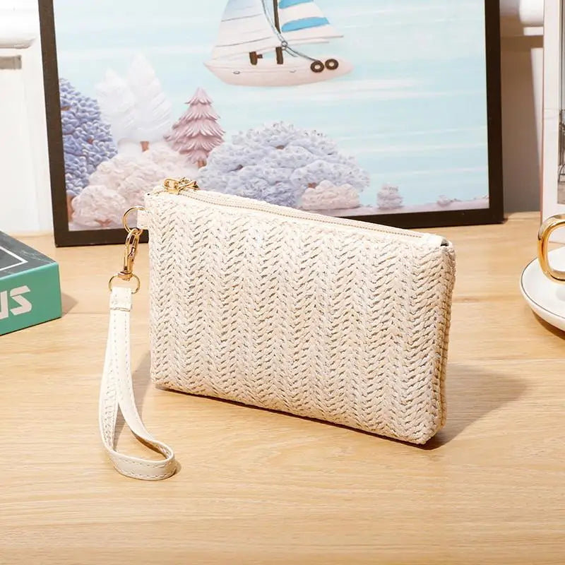 Weaving Bag Fashion Ladies Wristlet Clutch Women Daily Money Phone Clutch Solid Straw Woven Coin Purse Beach Wallet Card Holder Oasis Select Beige