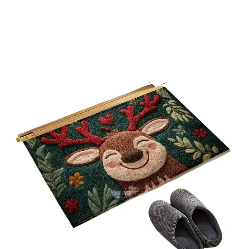 1pc Fluffy Christmas Deer Microfiber Bath Mat - Quick-Dry & Absorbent, Festive Holiday Design With Red Berries & Green Leaves Oasis Select