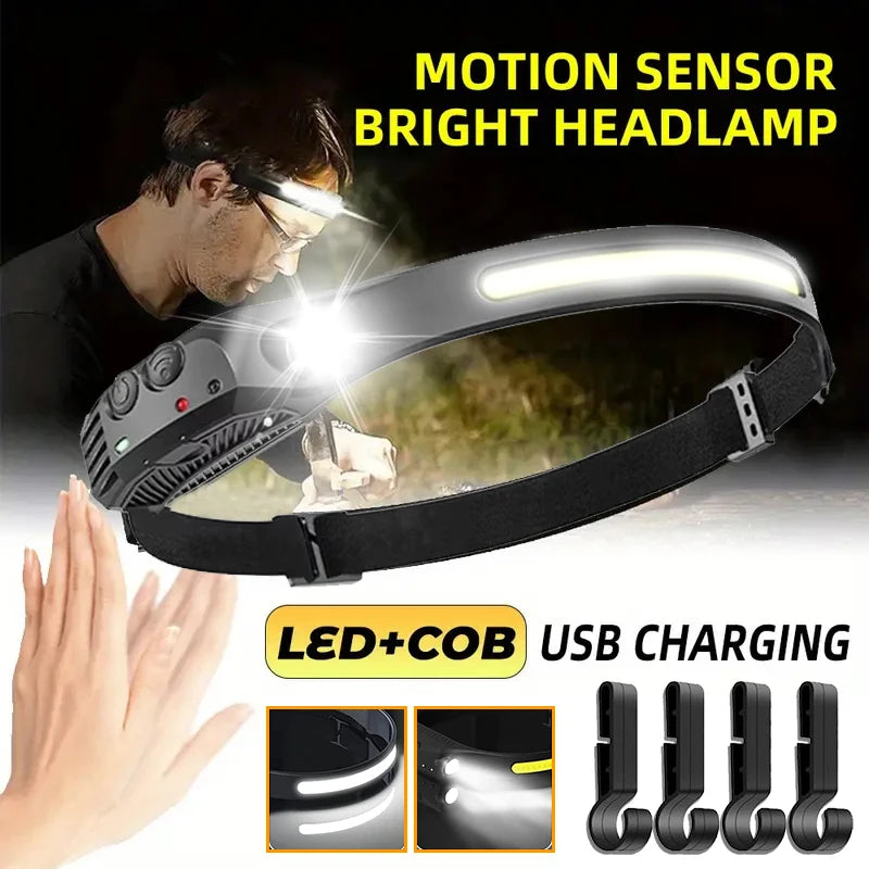 COB LED Headlamp Induction Head Lamp Built-in Battery USB Rechargeable Head Flashlight Outdoor Camping Fishing Sensor Headlight Oasis Select