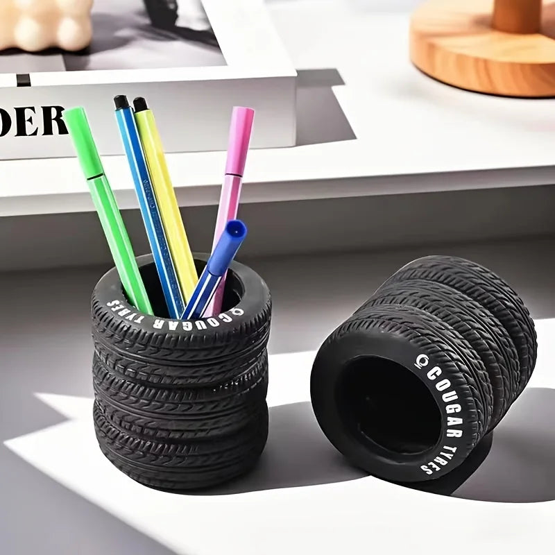 1pcs Fun Tire-Shaped Pen Holder -PVC Desk Organizer, Ideal for School and Office Supplies, Painted Finish, Office Supplies Oasis Select