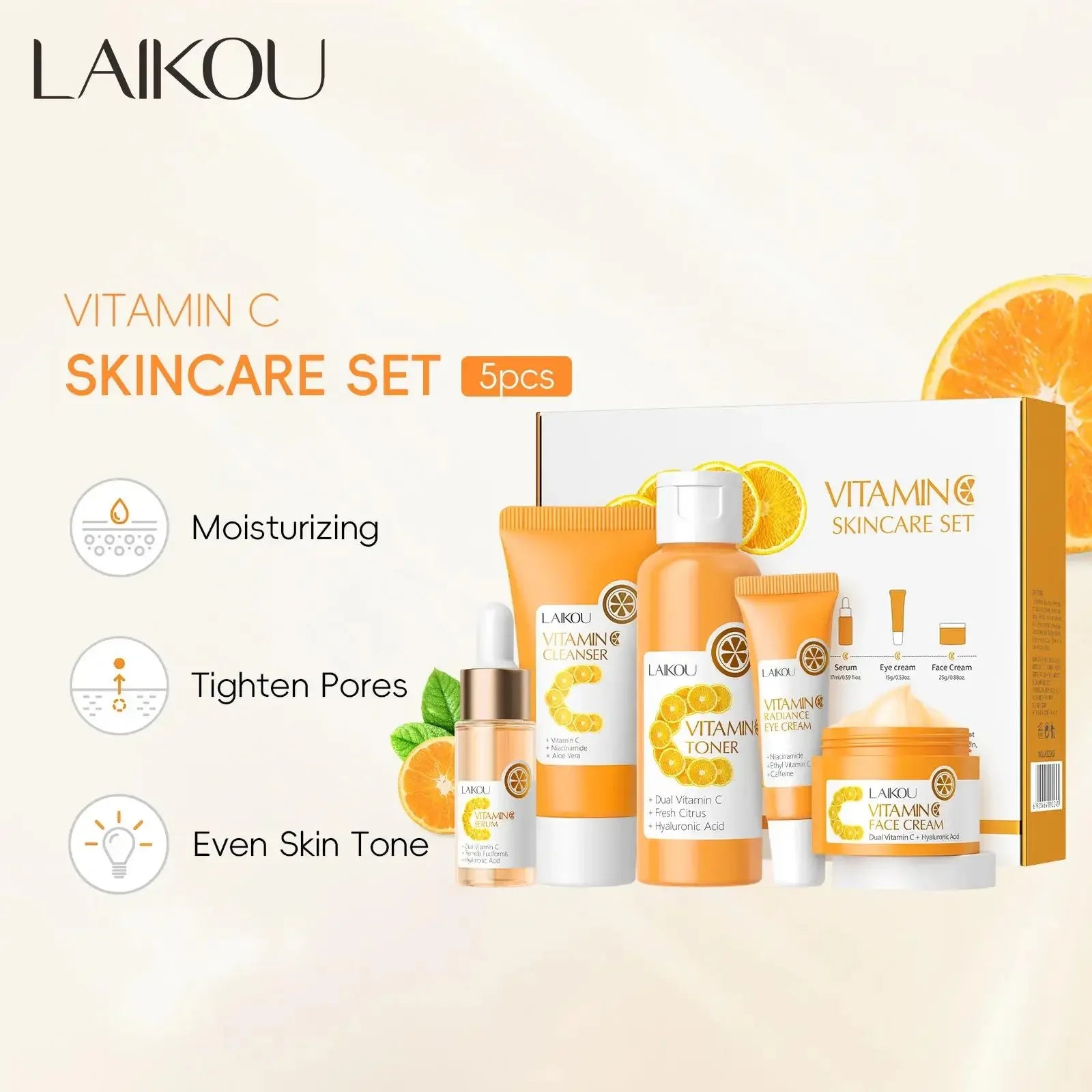 Facial Brightening Vitamin C Skincare 5pcs Set Essence Cream Serum Cleanser Toner Eye Moisturizer Care Oasis Select