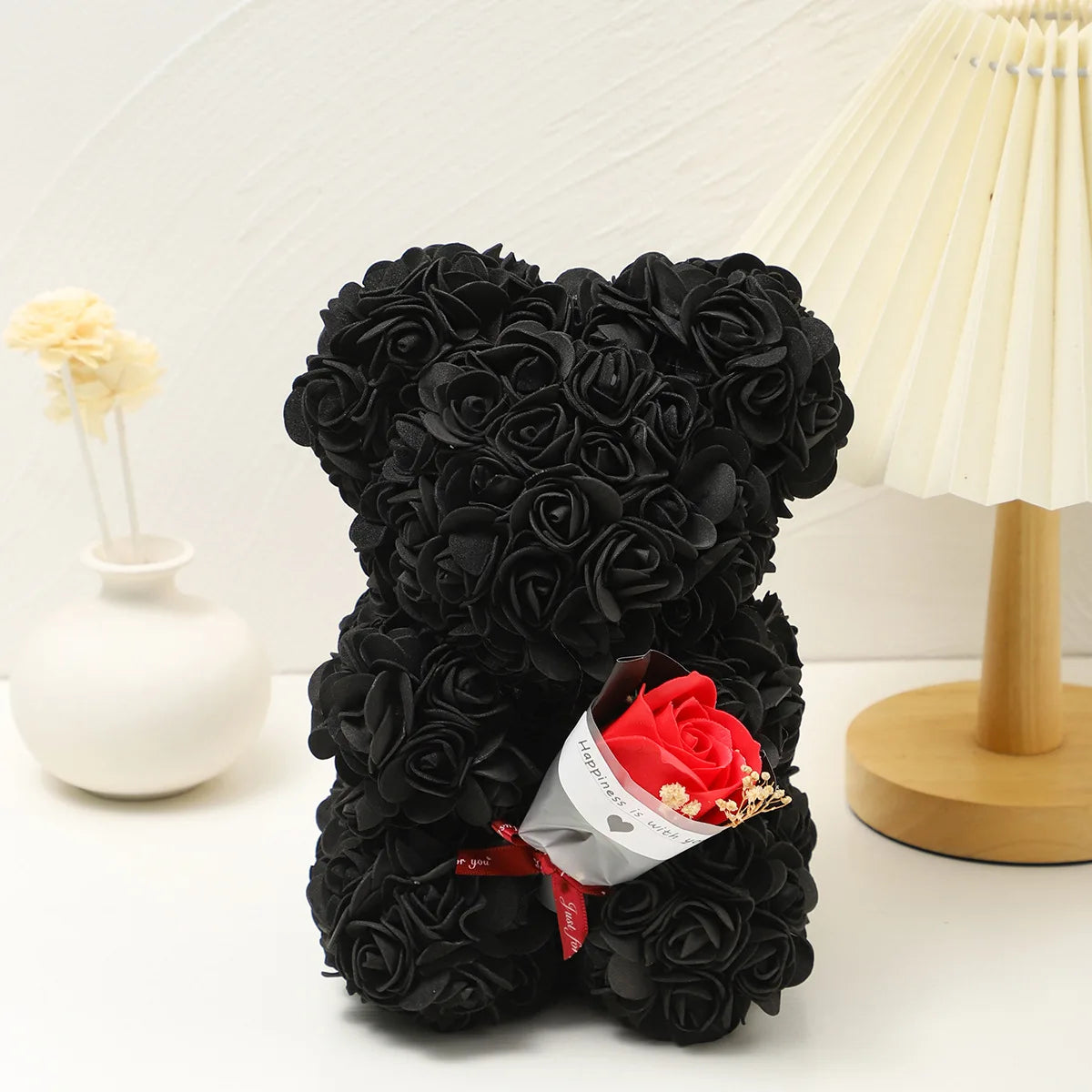 Foam rose teddy bear carry bouquet. Ideal for weddings, Mother's Day, thank you to nurses/teachers or other celebrations! Oasis Select black