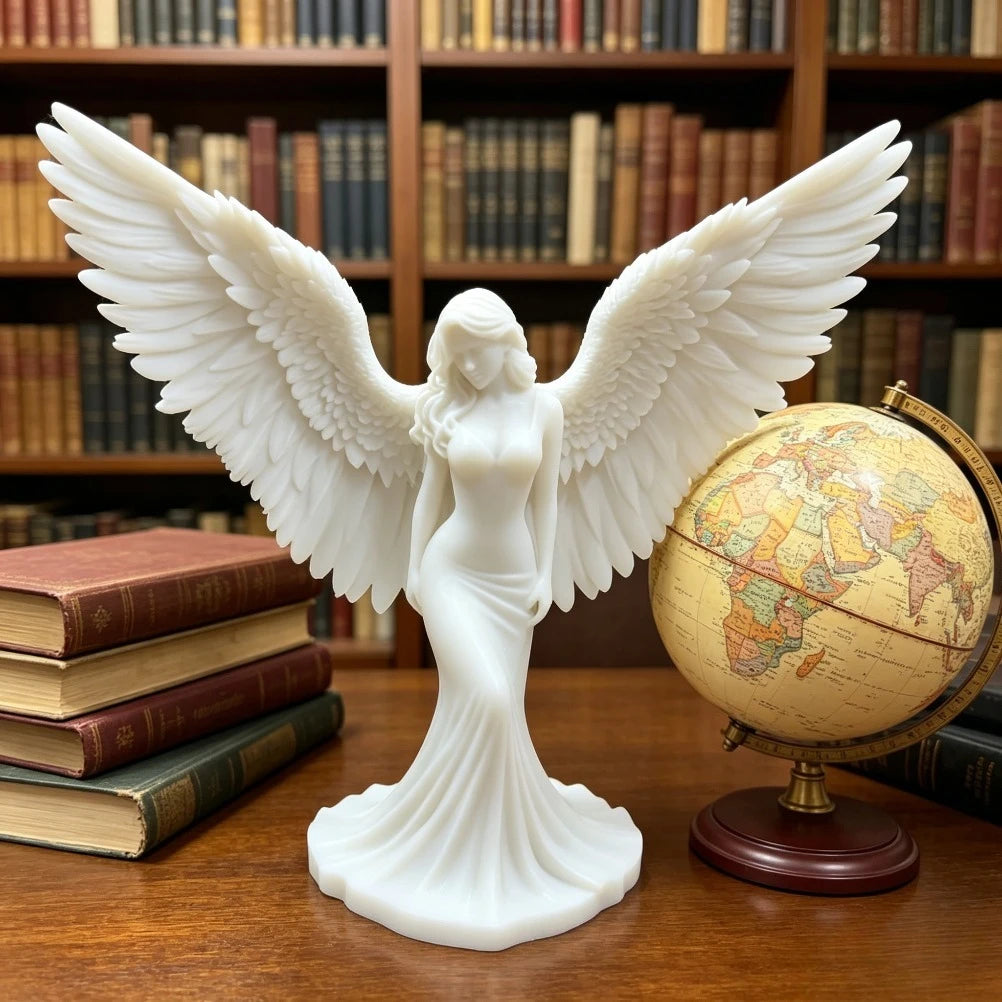 Graceful Spread-Wing Lady Angel Statue Matte PLA Blessing Sculpture Elegant Gown Tabletop Spiritual Relax Home Ornament Gift Oasis Select
