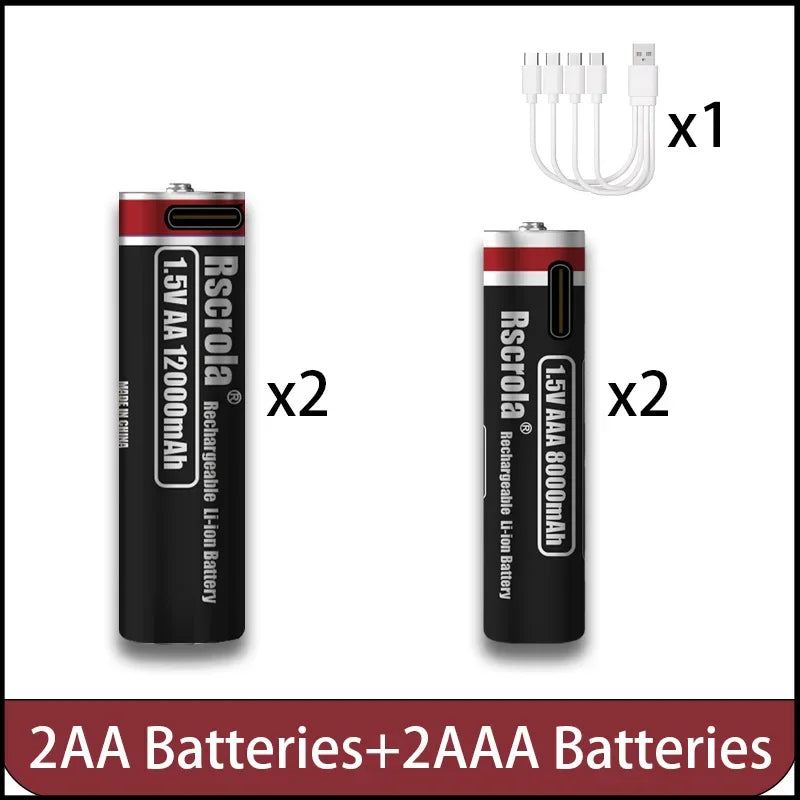 High Capacity 1.5V AA 12000mAh/AAA 8000mAh Rechargeable Lithium Battery Type-C Fast Charging for Remote control RC Mouse Toy Oasis Select 2AA 2AAA 1.5V