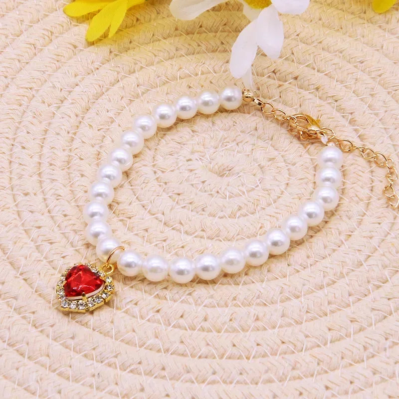 Cute Fashion Pet Supplies Cat Accessories Necklace Pearl Crystal Pet Collar Pearl Beaded Solid Crystal Pendant Pet Products Oasis Select Red 25-35cm