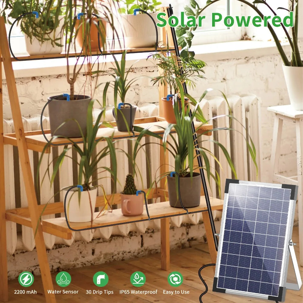 Solar Potted Plants Deep Drip Irrigation Watering System 9V 5W, Watering Regularly Easy DIY, with 30*Drip Tip 15m Water Pipe Etc Oasis Select