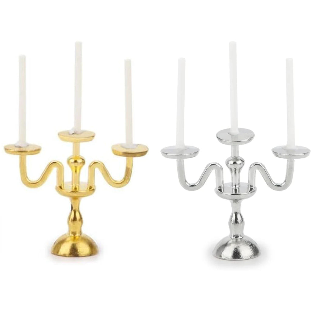 1/2 PCS Vintage 3-Arm Candelabra with Candles – 1:12 Miniature in Gold/Silver for Dollhouse, Fairy Garden & Micro Landscapes Oasis Select Combo-2pcs