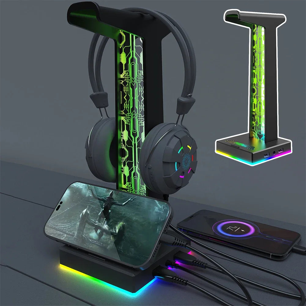 RGB Gaming Headset Stand | 10 Lighting Modes, USB & Audio Port