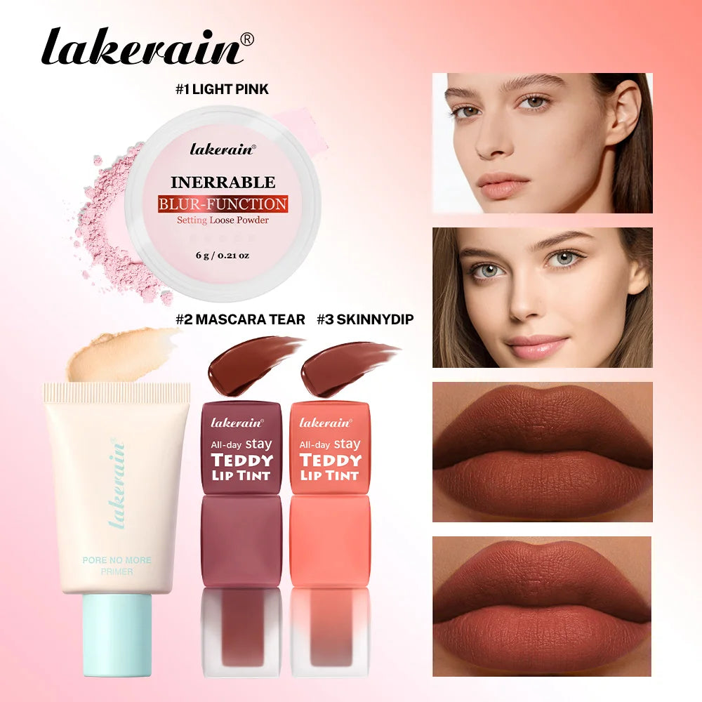 4pcs/set Pore No More Primer + Lip Tint + Loose Setting Powder Makeup Set Matte Long-Lasting Waterproof Effect Travel Portable Oasis Select SET 1