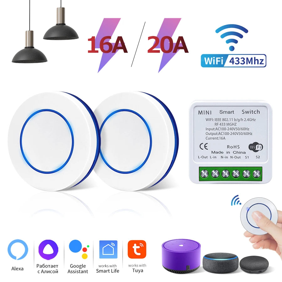 Tuya WiFi Smart Switch 16A 20A 100-240V Relay Controller RF433Mhz Wireless Remote Control Mini Round Panel Switch For Led Light Oasis Select