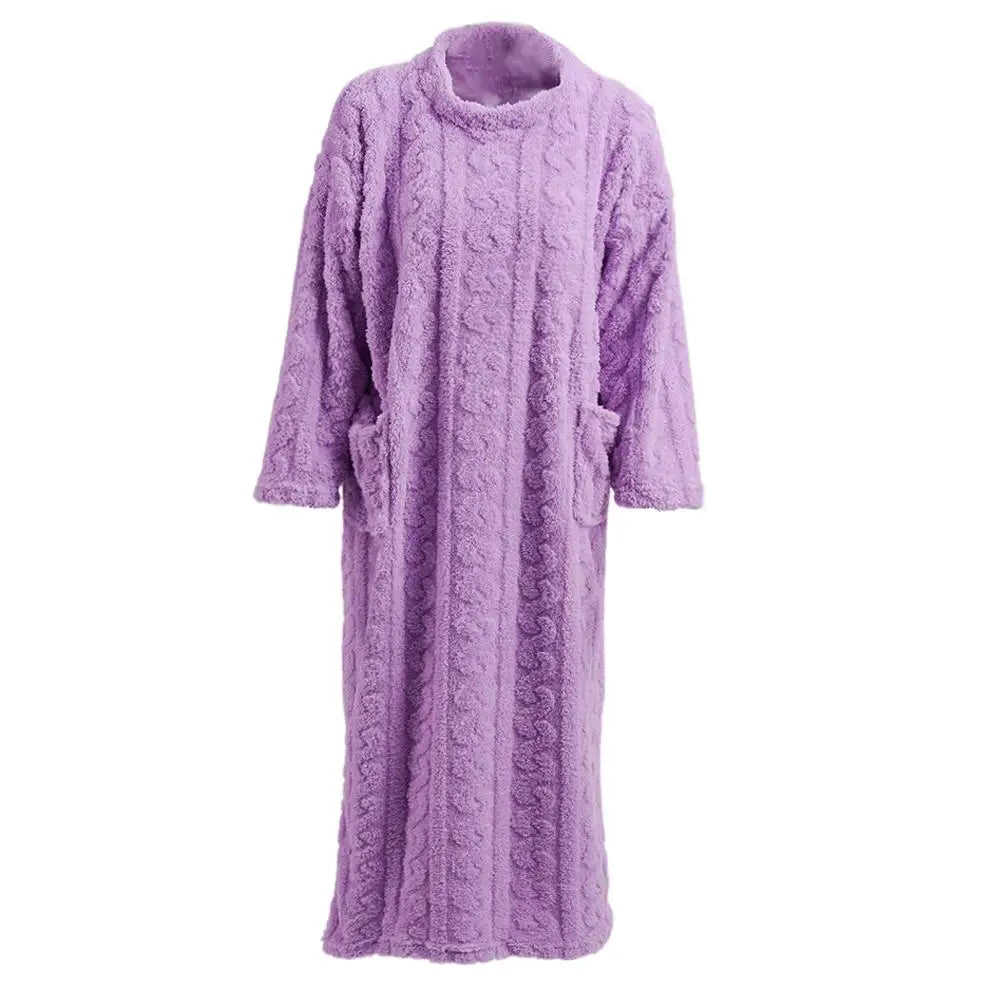 Winter Warm homewear Long Sleeve Double Pocket Flannel Nightgowns Women Loose Solid Sleepwear Jacquard Night Dress Thickened Oasis Select One size Purple