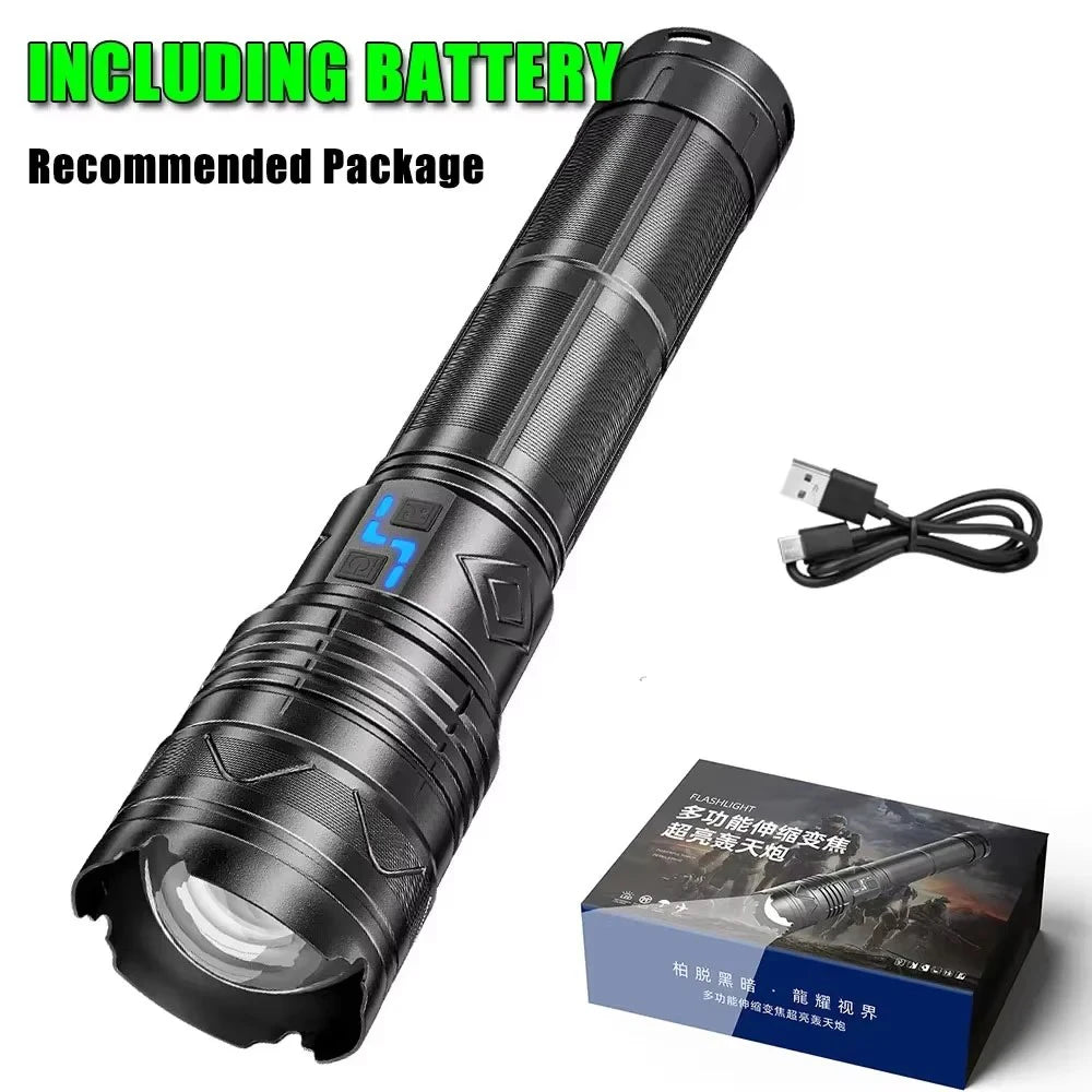 20000LM Super Bright Tactical Flashlight 100W GT60 Long Range Powerful LED Torch USB Rechargeable Using 4 181350A Batteries Oasis Select G500 Big withbattery Fixed Focus