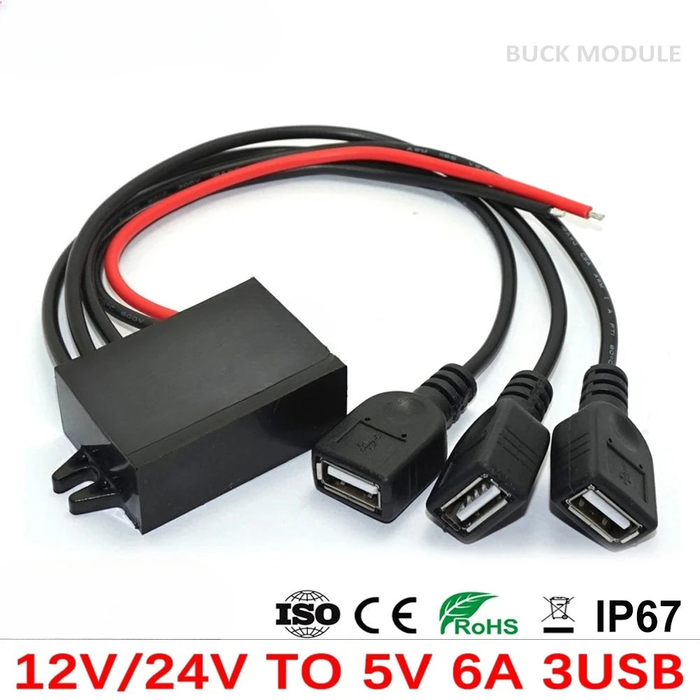 Car Power Converters 12V 24V to 5V 6A 30W Power Adapter DC Step Down Buck Power Converter with Triple USB Output for Car Phone C Oasis Select