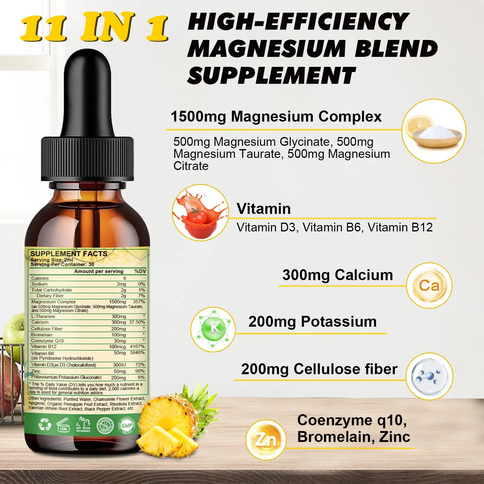 Beworths Magnesium Glycinate Drops with Pineapple Flavor Relieve Stress,Improve Sleep Quality Support Sleep,Muscle &Joint Health Oasis Select