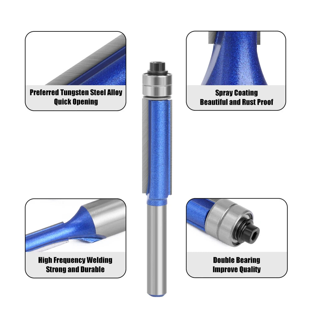 Sparkling Silver-Blue Double Bearing Flush Trim Router Bit 1/4" Shank Dual Cutting Blades for Woodwork Tool Electric Accessories Oasis Select