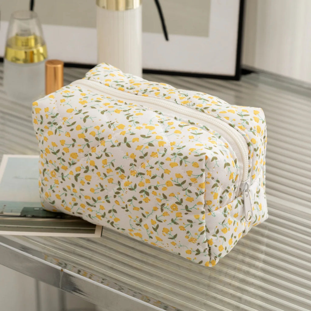 Floral Puffy Quilted Large Makeup Bag Travel Cosmetic Pouch Flower Printed Storage Organizer Makeup Accessory Oasis Select YELLOW