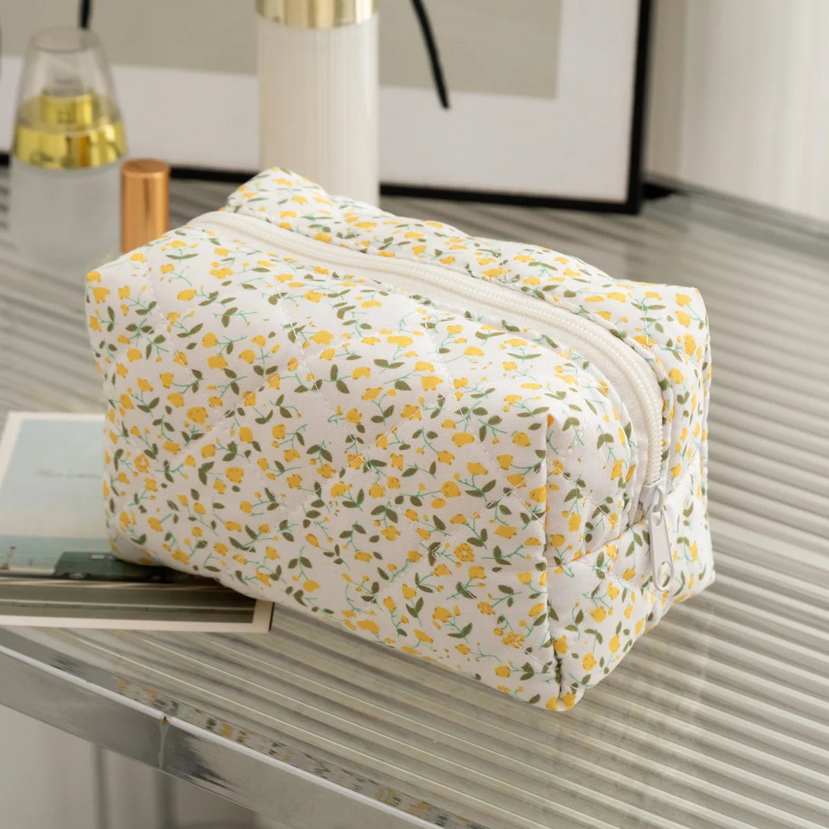 Floral Puffy Quilted Large Makeup Bag Travel Cosmetic Pouch Flower Printed Storage Organizer Makeup Accessory Oasis Select YELLOW