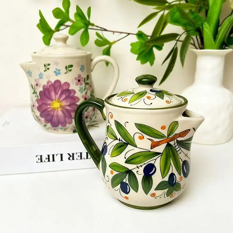 Olive Green Ceramic Flower Oil Pot Home Use Large Capacity Oil Bottle Soy Sauce Olive Oil Storage Container Kitchen Accessories Oasis Select