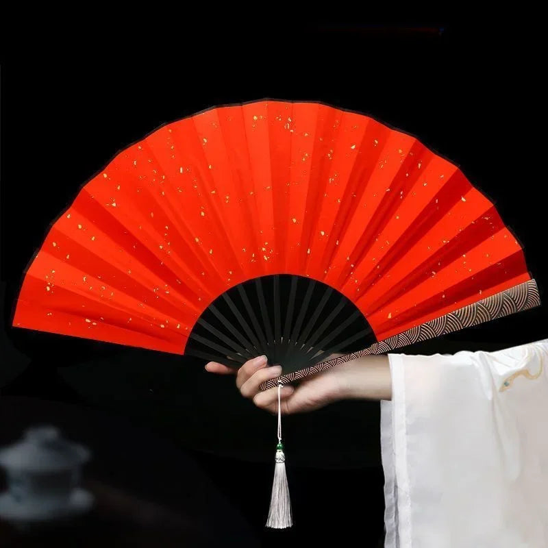 Cloud Pattern Fine Carved Rice Paper Folding Fan Black Sprinkled Gold Silk Cloth Antique Sea Wave Pattern China-Chic Fan Oasis Select