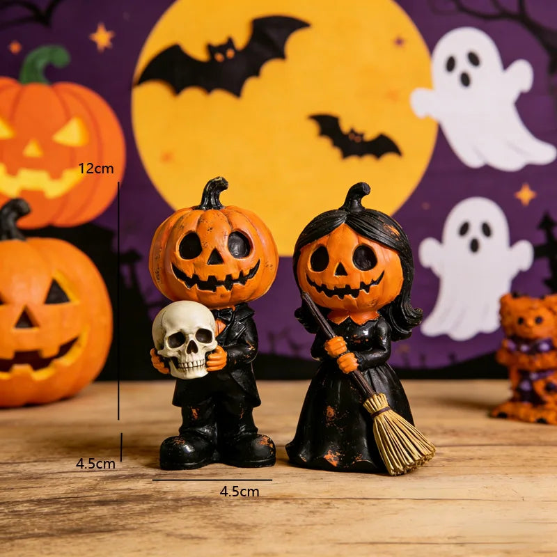 2 pieces of best-selling new Halloween pumpkin couple resin statues, broom Gothic-style statue decorative item Oasis Select