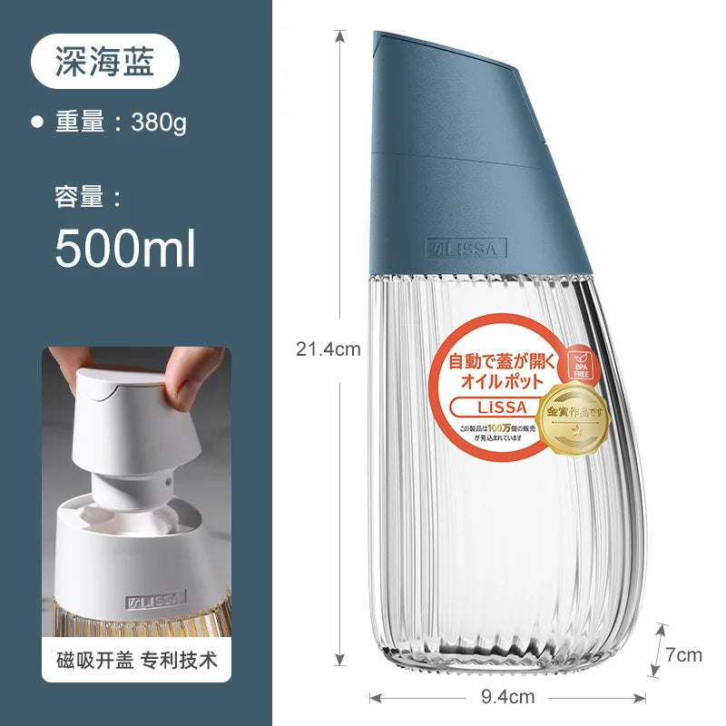 LISSA Glass Oil Pot, Anti-leakage Bottle, Household Kitchen Large Oil Tank, Gravity Automatic Opening and Closing Oil Container Oasis Select blue