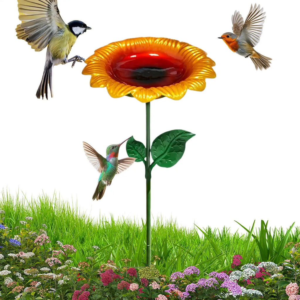 Outdoor Bird Bath Weatherproof Metal Sunflower with Stake Metal Bird Bath Feeding Bowl for Hummingbird Finch Chickadee Bee Oasis Select