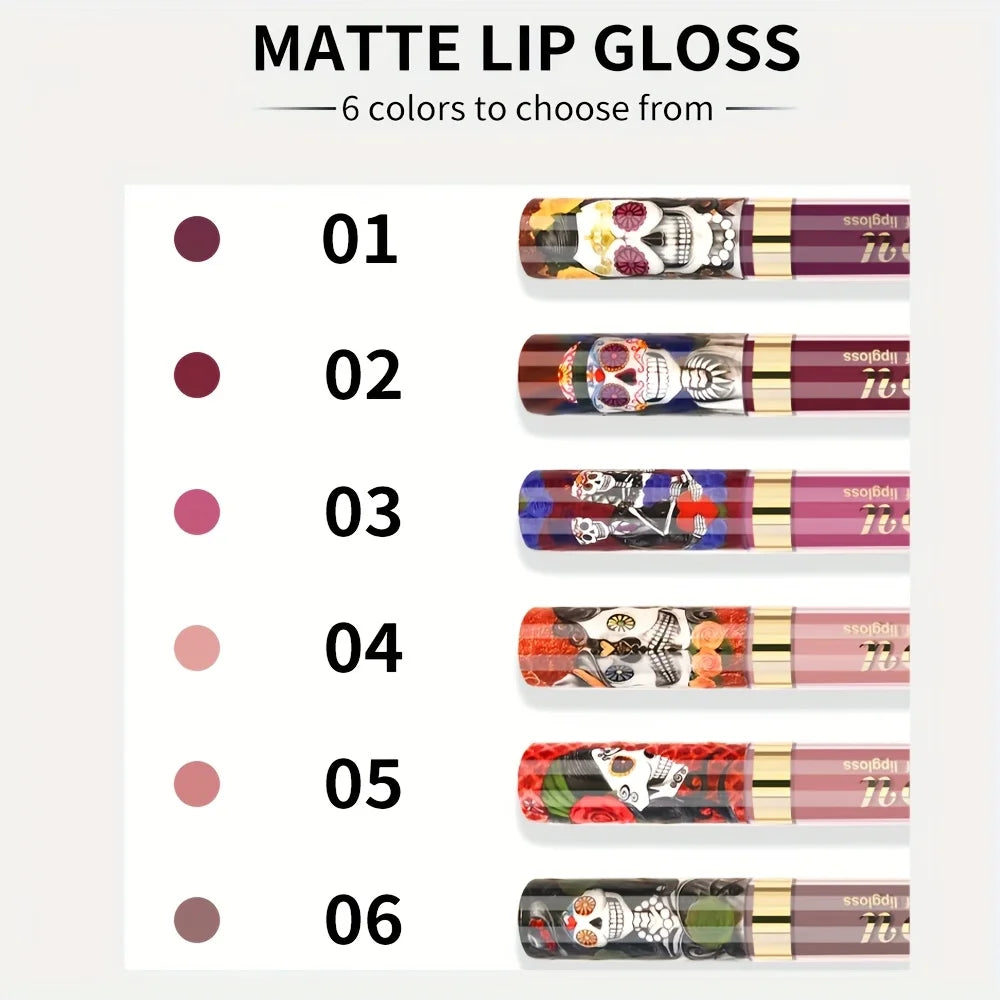 1pcs Matte Lip Gloss - Long-Lasting, Waterproof, Non-Fading, for All Skin Types - Vibrant Red Shades with Floral & Skull Designs Oasis Select