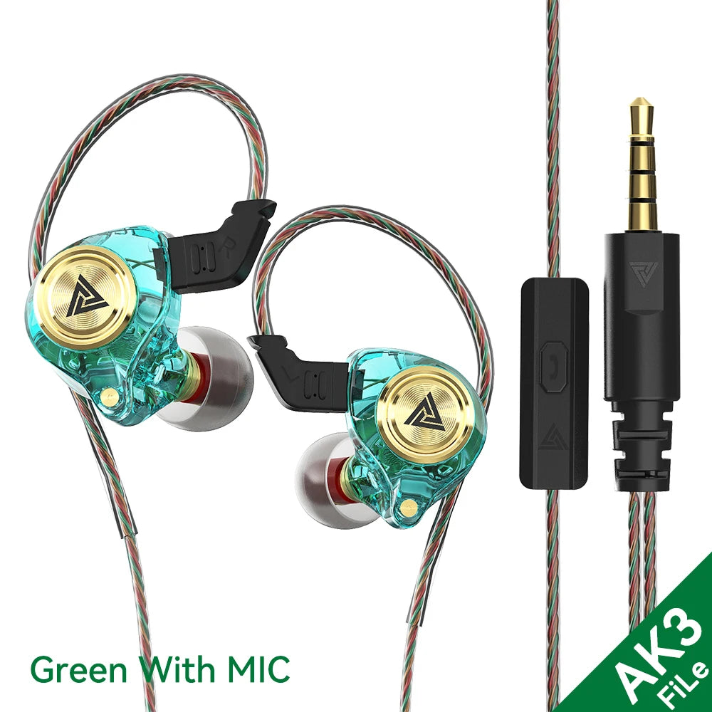 QKZ AK3 FiLe Wired Earphone with Microphone HiFi Music Monitor Bass Headphones Noise Cancelling Headset For Sport Gaming Earbuds Oasis Select AK3 FiLe Green