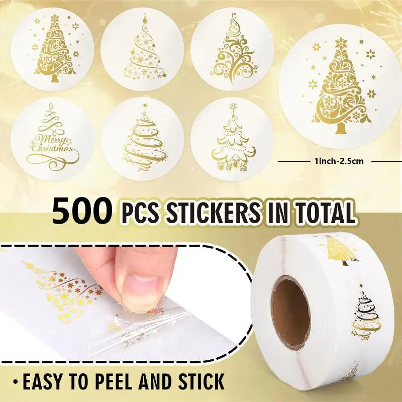 Golden Foil Christmas Stickers 500pcs, Transparent Xmas Tree Sealing Labels for Invitations Cards Gifts Envelopes Decoration Oasis Select A