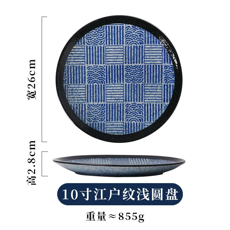 Japanese Blue And White Wave Pattern Tableware Ceramic Dinner Plate Household Flat Plate Sushi Plate Breakfast Plate Oasis Select 10in A