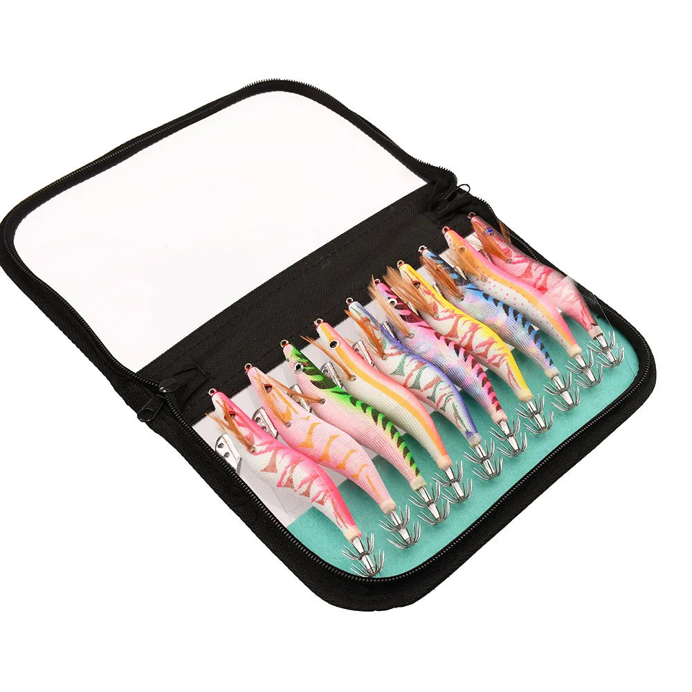 Luminous Squid Bait Set 13.5cm/21.5g Wooden Shrimp Bag with Squid Needle Lure Sea Fishing Jig 3.5# for Ocean Fishing Oasis Select Set 13.5cm
