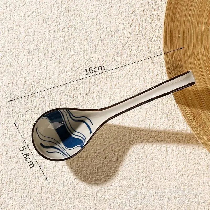 Japanese Blue And White Ceramic Spoon Extended Length For Soup And Noodle Serving Kitchen Tablewear Oasis Select 25