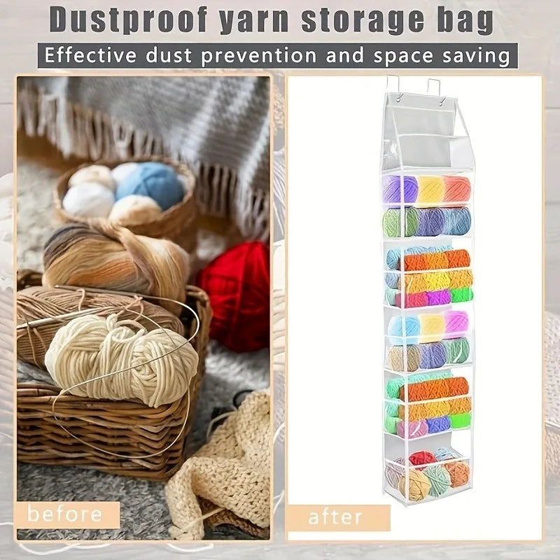A Door-Mounted Yarn Storage Organizer Designed for Knitting And Crochet, Featuring 6 Transparent Plastic Bags And 2 Large Hooks Oasis Select