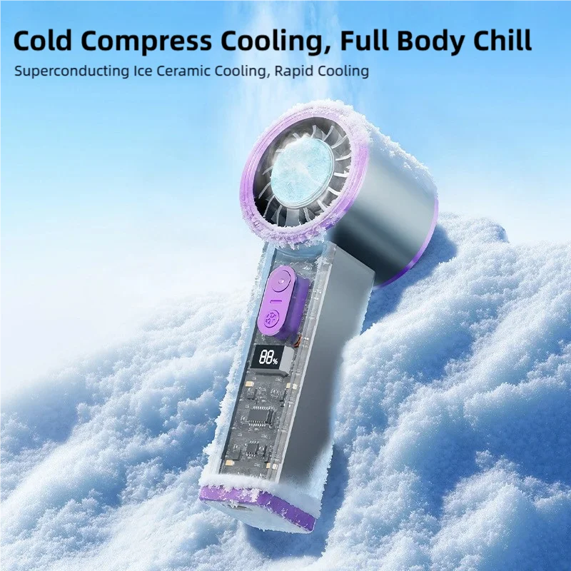 Ice Ceramic Cold Compress Handheld Fan 100 Speed 16°C Cooling 2000mAh Transparent Brushless Motor LED Light Portable Fan Oasis Select