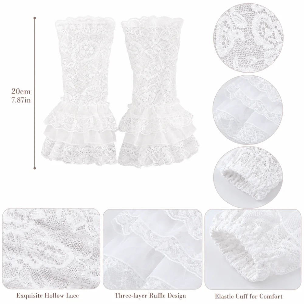Ruched Pleated Detachable Cuffs 3 Layers Lolita Fake Flared Sleeves Fingerless Gloves Ballet Style Lace Fake Sleeves Cuff Oasis Select