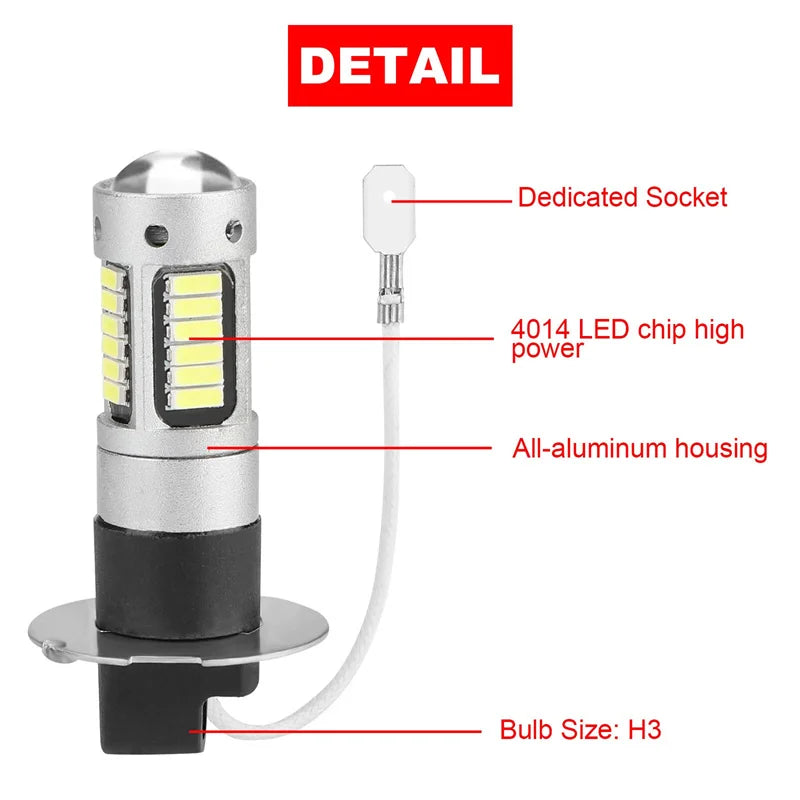 2pcs Car H3 LED Fog Lights High Power Lamps Daytime Running Light Bulbs Super Bright 6000K White Lamp Oasis Select