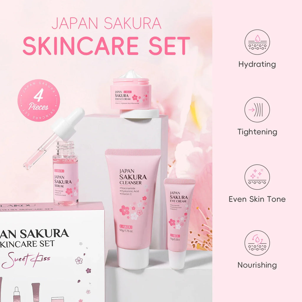 LAIKOU Japanese Sakura Hydrating Brightening 4PCS Skincare Set For All Skin Types Cleanser Serum Eye Cream Face Cream Oasis Select