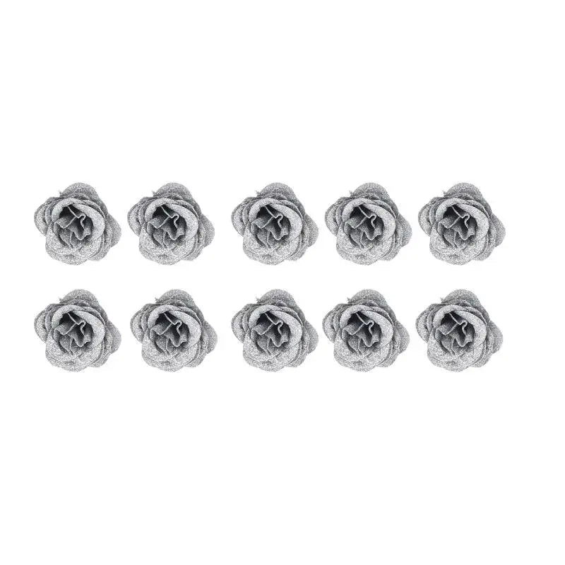 10Pcs Fairy Simulation Crystal Rose DIY Fake Flower Heads Valentine's Day Sparkling Rose Family Atmosphere Decoration Oasis Select Silver 10Pcs