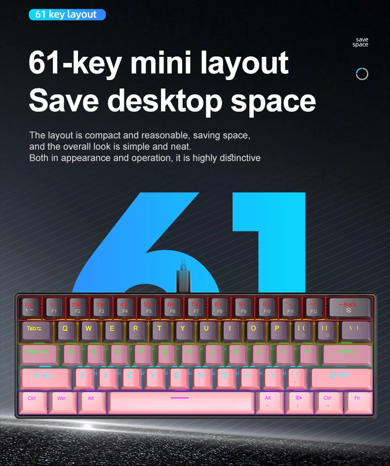 APAYADO K61 Mini Mechanical Keyboard,Wired,61 Keys,Phantom RGB, Black/White Red/Blue Mechanical Switch for Gaming,60% Portable Oasis Select