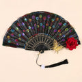Sequin Embroidered Rose Lace Folding Fan with Tassel - Vintage European Handheld Fan for Cosplay Halloween Party Supplies Oasis Select Style 1